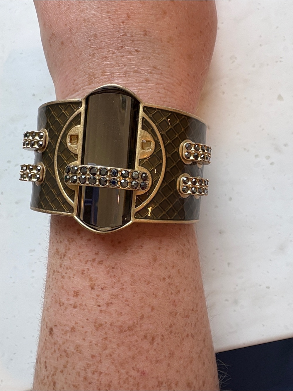 Gold-Tone and Dark Brown Cuff Bracelet with Crystal Accents